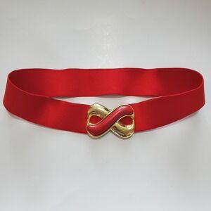 Vintage Day-Lor Red Elastic Cinch Belt Gold Infinity Buckle 80s Retro Waist 28in